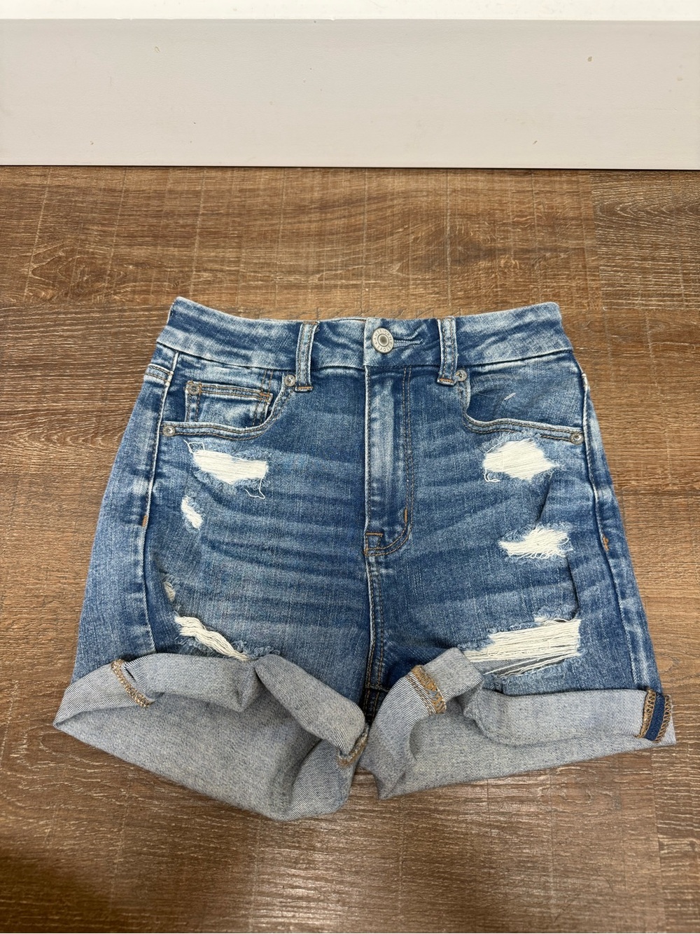 American Eagle Outfitters Distressed Blue Rolled-Hem Denim Shorts